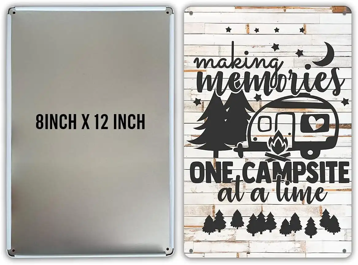 QIONGQI Funny Making Memories One Campsite at a Time Metal Tin Sign Wall Decor Farmhouse Rustic Camping Signs for Home Garage Men Cave Yard Decor Camper Gifts (Wooden Style)