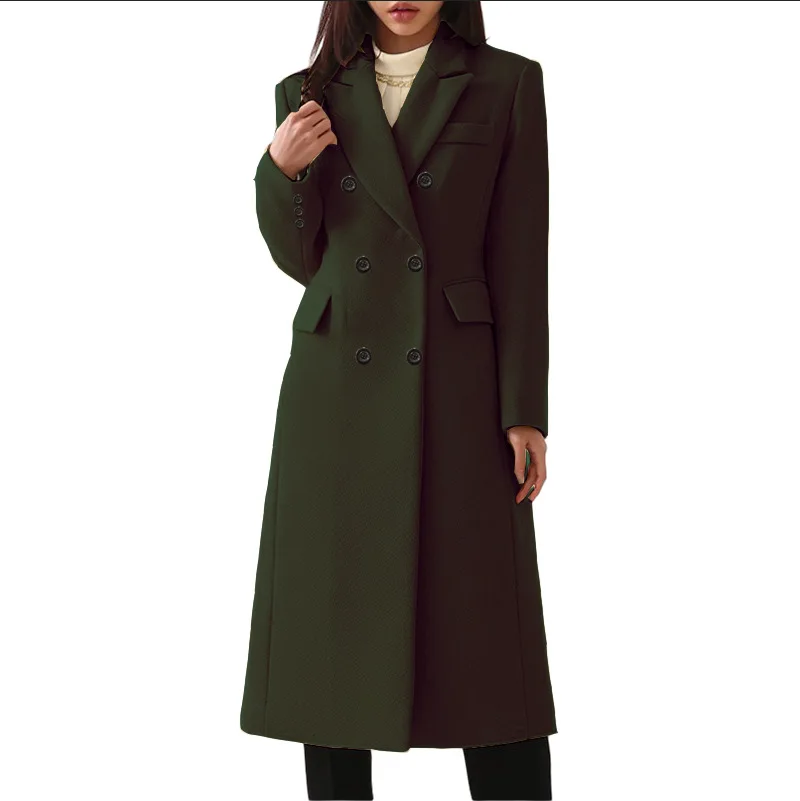 Classy Basic Plus Size Retro Double Breasted Long Coat Lapel Collar Long Sleeve Pockets Solid Color Warm Winter Outerwear Coats