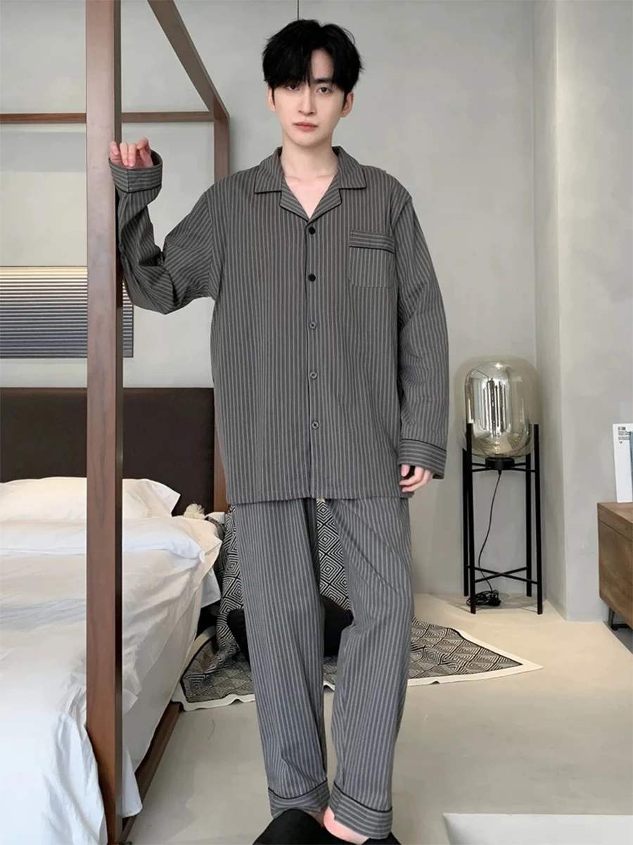 Pajamas Spring and Autumn Men's Long-Sleeved Trousers Cardigan Loose Lapel Large Size Home Clothes Spring Suit