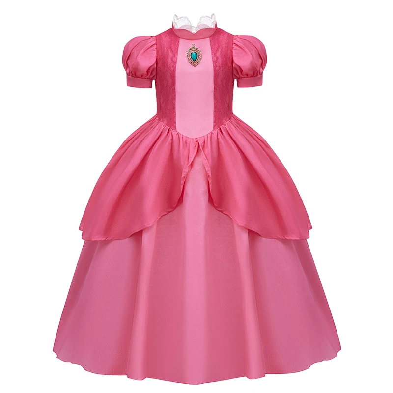 Peach Princess Dress For Girls Pink Elegant Lace And Diamond Puffy Dress Halloween Carnival Disguise For 3-8Y