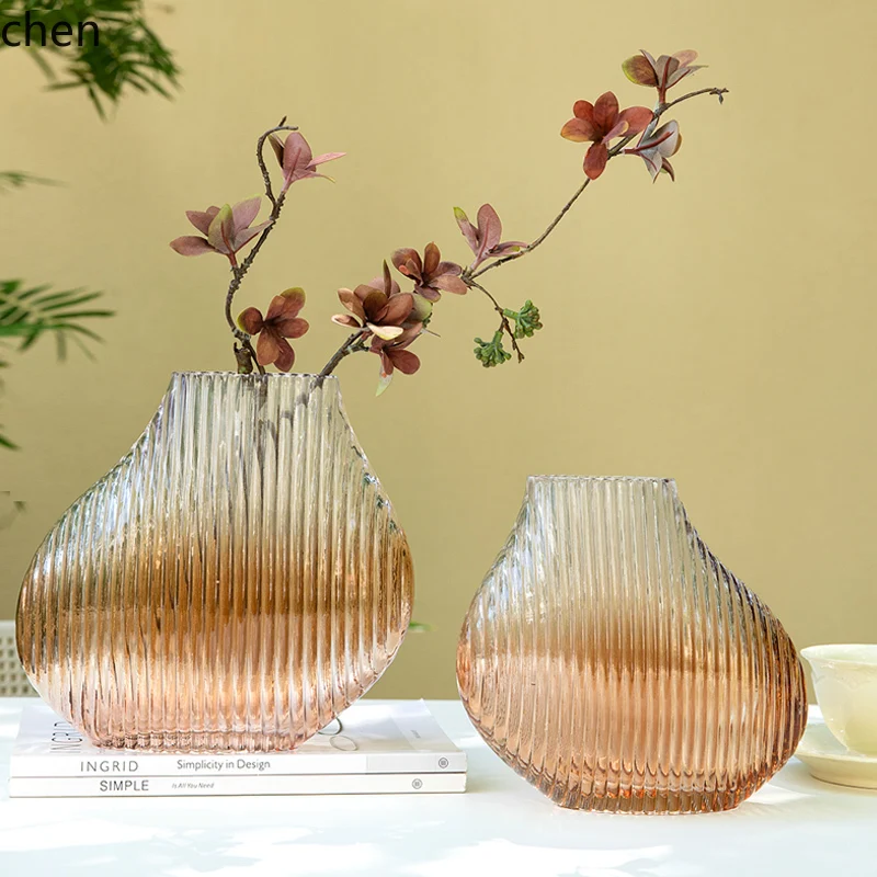 

HTT Flat Round Gradient Vertical Striped Blown Glass Vase Ins Creative Soft Decoration Hydroponic Flower Arrangement Vase