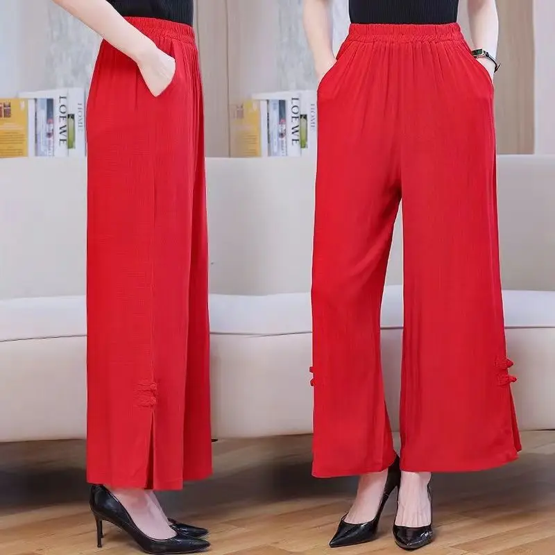 Women Summer Vintage Loose Large Size Appear Thin Solid Color High Waist Cropped Pants Women Clothes Casual All-match Wide Leg