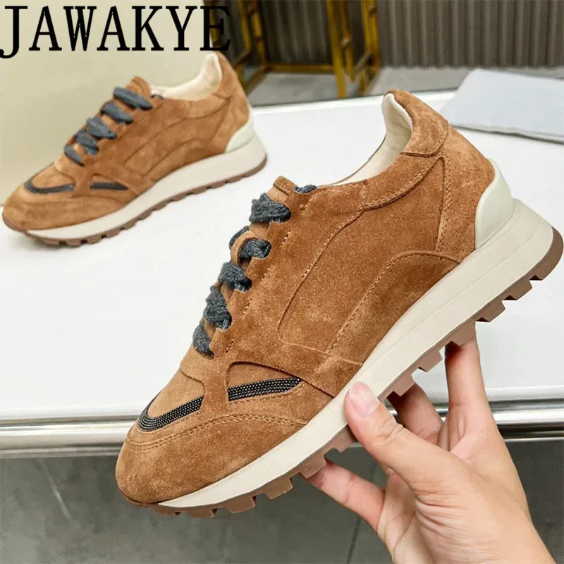 Real Suede Leather Leisure Sneaker Women Thick Sole Casual Flat Shoes Autumn Designer Comfort Walk Driving Shoes Runner Shoes