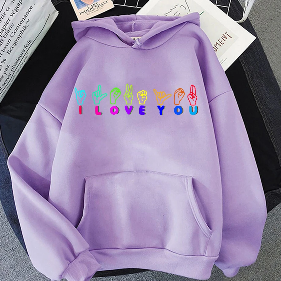 بارد ملون Je T'Aime لفتة مطبوعة الرجال النساء هوديي مضحك شخصية مصممة للجنسين أعلى فضفاض عارضة الهيب هوب البلوز #5