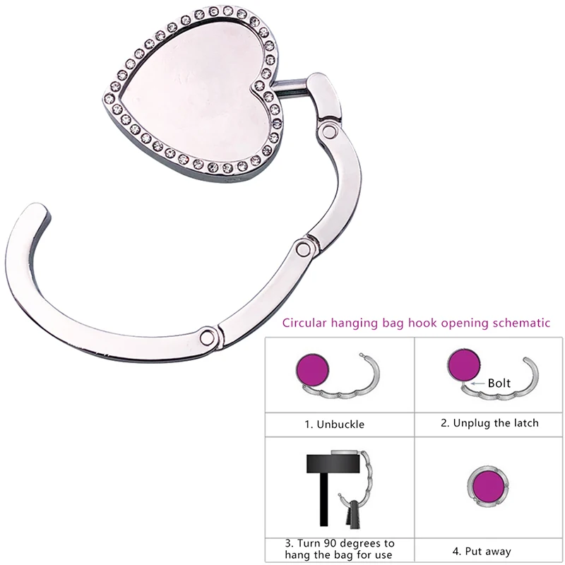 Bag Hook Portable Folding Bag Hanger Hook Fashion Crystal Heart-shaped Purse Handbag Holder Table Hook Bag Parts Accessories 1Pc