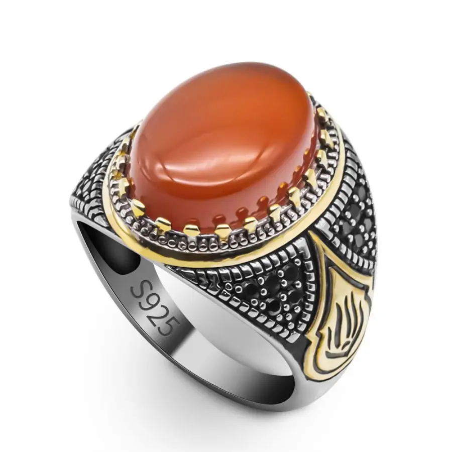 Wholesale Real 925 Sterling Silver Male Ring Vintage Turkish Hand Rings Natural Agate Stone Man Yellow Gold Plating Rings