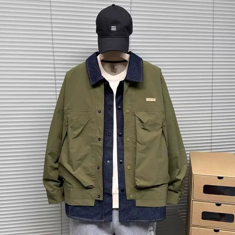 

Мужская джинсовая куртка оверсайз в стиле пэчворк на осень-зиму, повседневная, модная, имитация двухслойной одежды, трендовая молодежная куртка