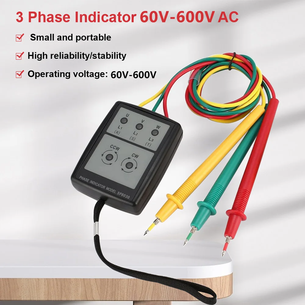 SP8030/SM852B Three 3 Phase Rotation Tester Phase Sequence Meter Voltage Tester Current Detector with LED Indicator