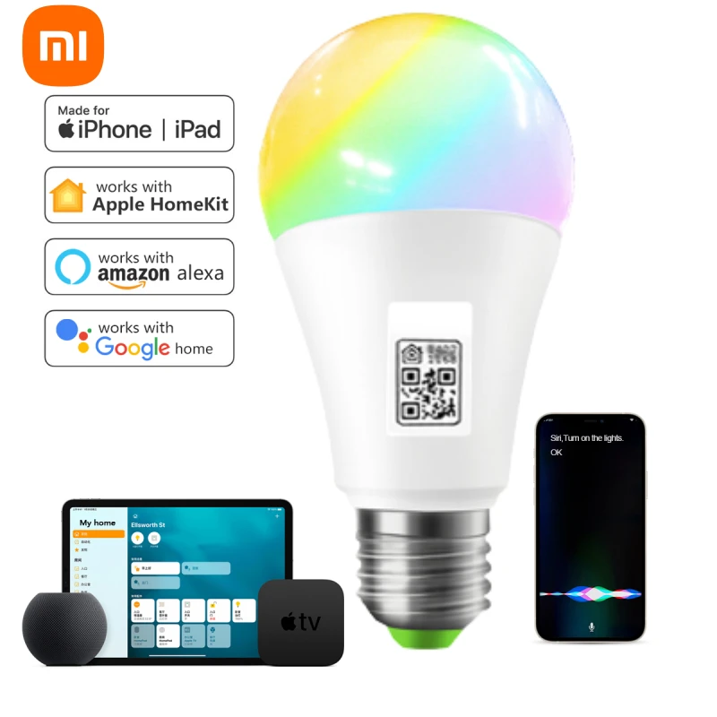 Xiaomi-Lâmpada LED Smart WiFi, Apple Homekit, Controle de aplicativos, Controle de voz Siri, Apple, E27, 15W, 100-240V, DC 12V