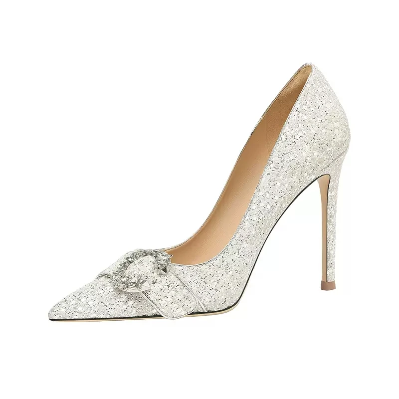 Spring and summer new pointy sequin diamond wedding shoes slim high heels banquet dress versatile large and small women's shoes