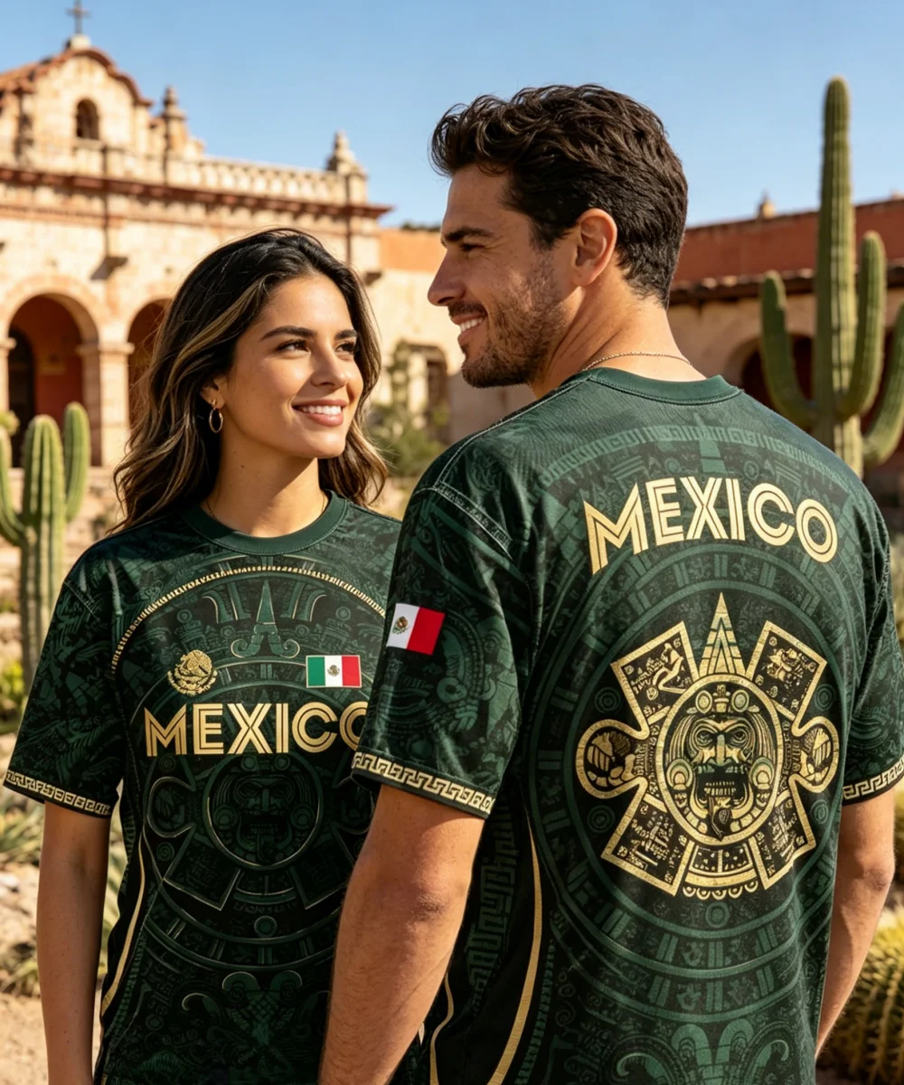 Mexico Aztec Sun Stone Calendar Print Soccer Jersey, Quick Dry Breathable Polyester Football T Shirt,Daily Casual Sport Top