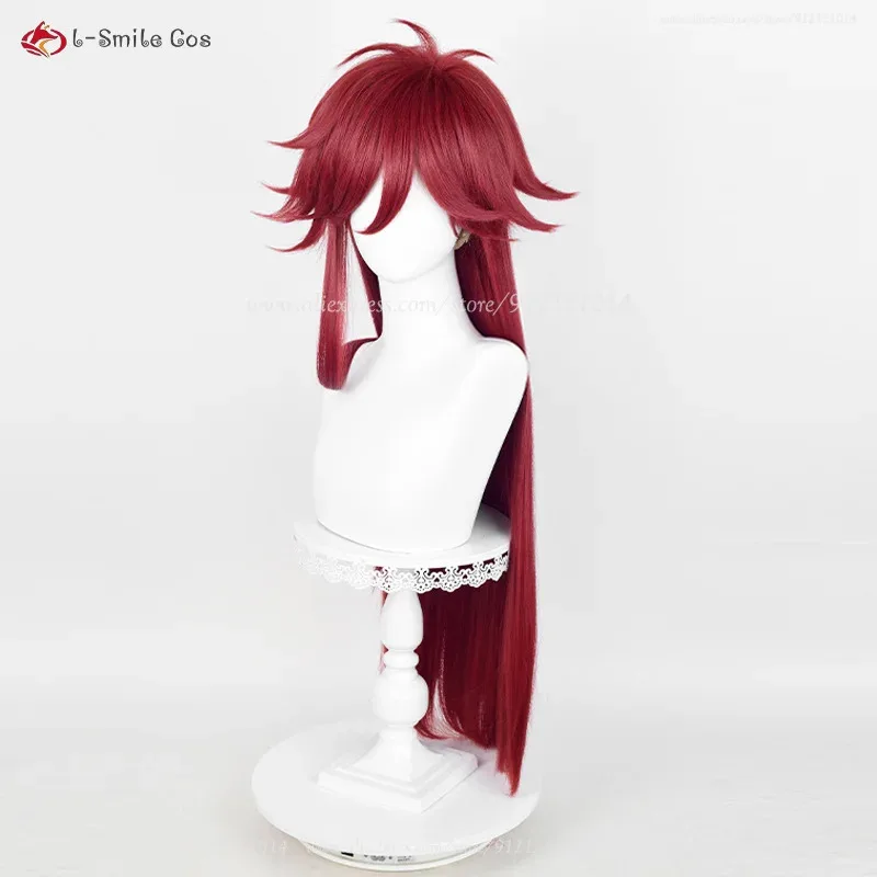 2025 أنيمي Kuroshitsuji Grell Sutcliff تأثيري 90 سنتيمتر الأحمر الداكن الباروكات مقاومة للحرارة الاصطناعية الشعر هالوين + غطاء شعر مستعار
