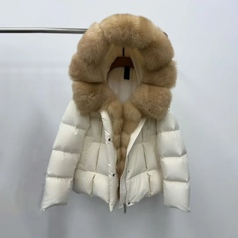 2025년 겨울 여성용 폭스 퍼 칼라 플러시 안감 두꺼운 따뜻한 구스 다운 재킷 Y2K 고품질 패션 하이 스트리트 후드 코트