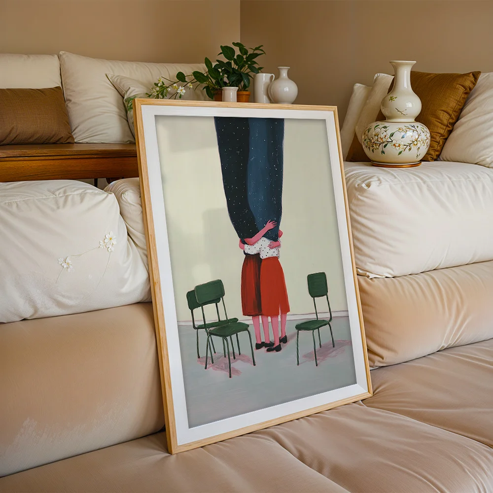 Abstract Hugging Figures With Chairs Canvas Poster Wall Art,2D Print Wall Decor,Fun Aesthetic Gift For Living Room & Bedroom