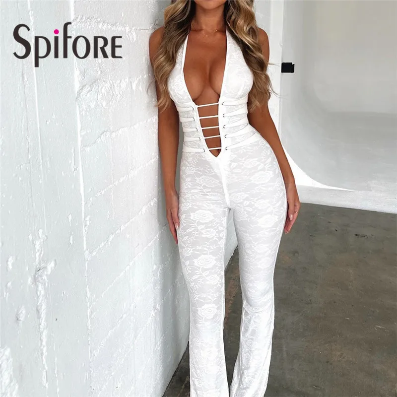 Spifore Deep V Neck Backless Halter Women\'s Jumpsuits Black Sleeveless Hollow Out Sexy Rompers Nightclub Party Clubwear Overalls