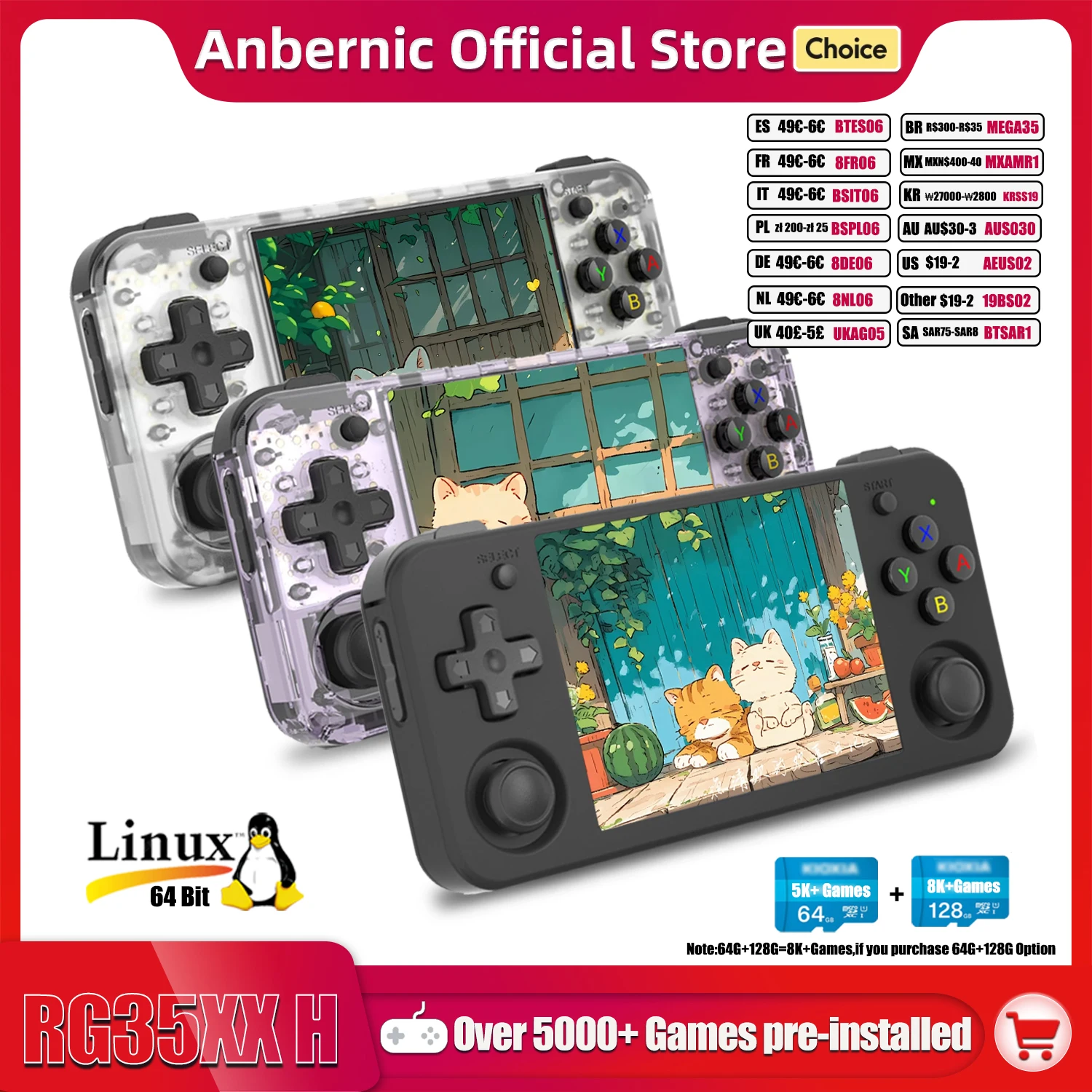 ANBERNIC RG35XX H Handheld Game Console Linux 3.5 inch IPS Screen H700 Retro Video Games Player 3300mAh 64G 5528 Classic Games