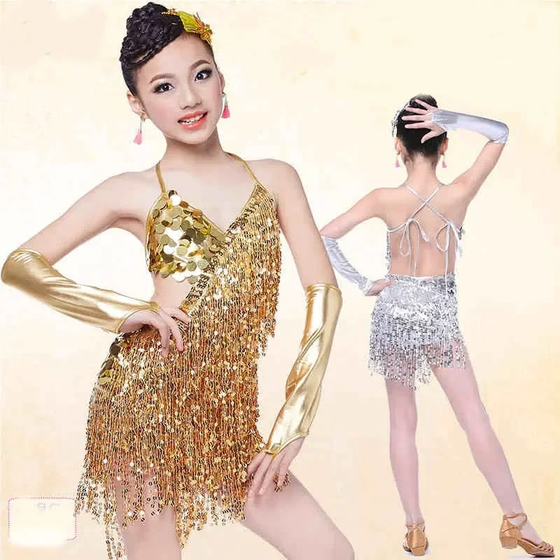 

Latin Dance Competition Ballroom Tango Skirts and Dresses Girls Children Costume for Kids Salsa Sequin Dress Fringe Kid Child