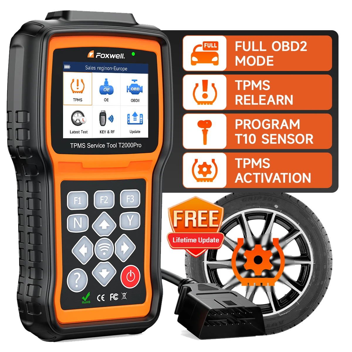 FOXWELL T2000 Pro TPMS Relearn Tool Activate/Relearn T10 Sensors TPMS Scan Tool Read/Clear DTCs Read Sensor Data TPMS Program