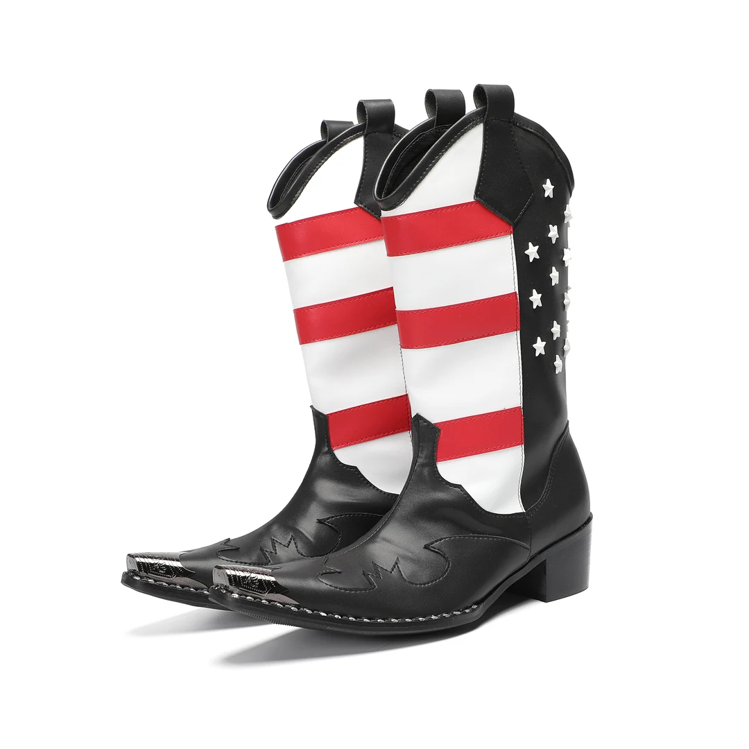 British American Flag Print Star Real Leather Men Mid Calf Boots Plus Size Male Pointed Toe Cowboy Western Long Boots Shoes