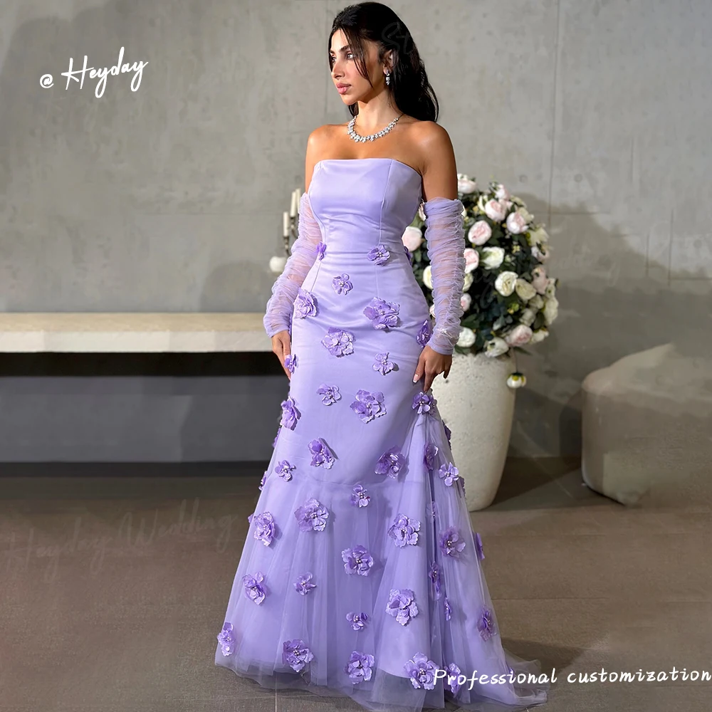 Heyday Strapless Formal Party Dress Saudi Flowers Elegant Mermaid Crepe Floor Length Appliques Evening Dresses Luxury 2024