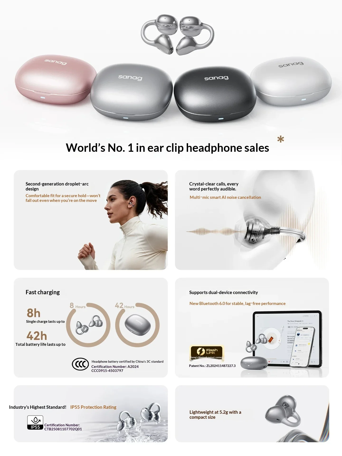 Sanag F30 Open Ear Clip Bluetooth Earphones AI Translation Air Conduction Wireless Sports Headset Comfortable Fit