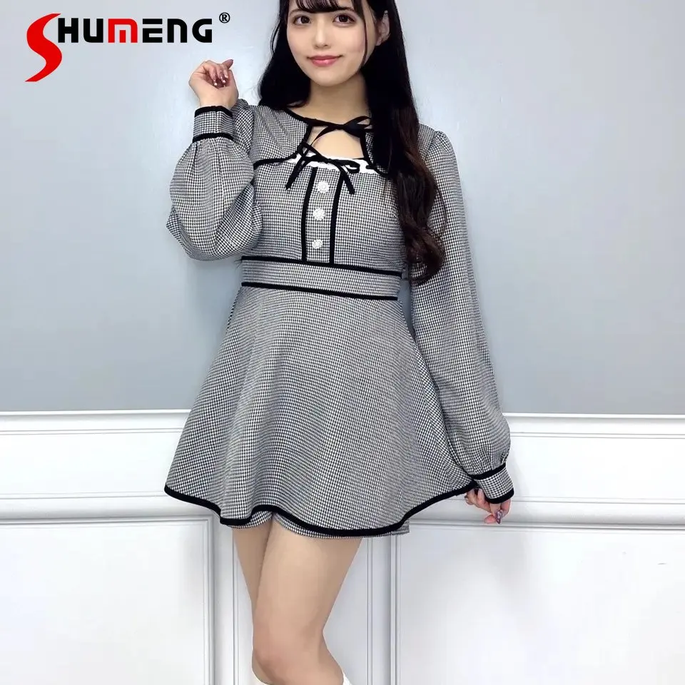 

2026 Spring New Japanese Style Sweet Cute Princess Dress Lace Splicing Round Neck Long Sleeves High Waist Short Dress for Women