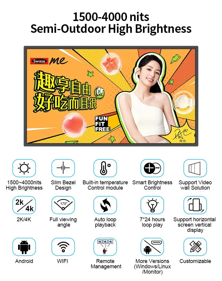 55 Inch Roof Mount Wifi Android High Brightness Digital Signage LCD Advertising Window Display Screen