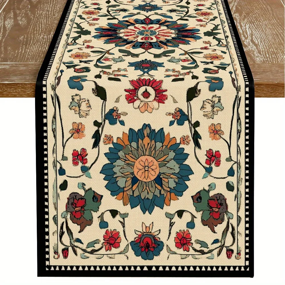 Vintage Floral Table Runner - Ethnic Spring Summer Nostalgic Print, Exquisite Vintage Table Decor for Dining & Living Room