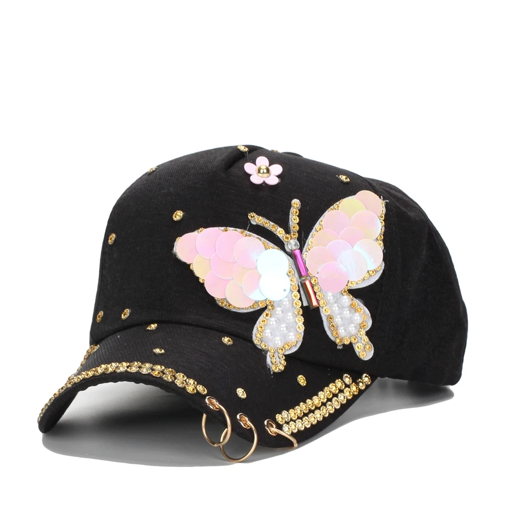 Fashion Baseball Caps Hat for Women Butterfly Diamond Studded Outdoor Baseball Cap Ladies Casquatte Cap Metal Three Ring Sun Hat