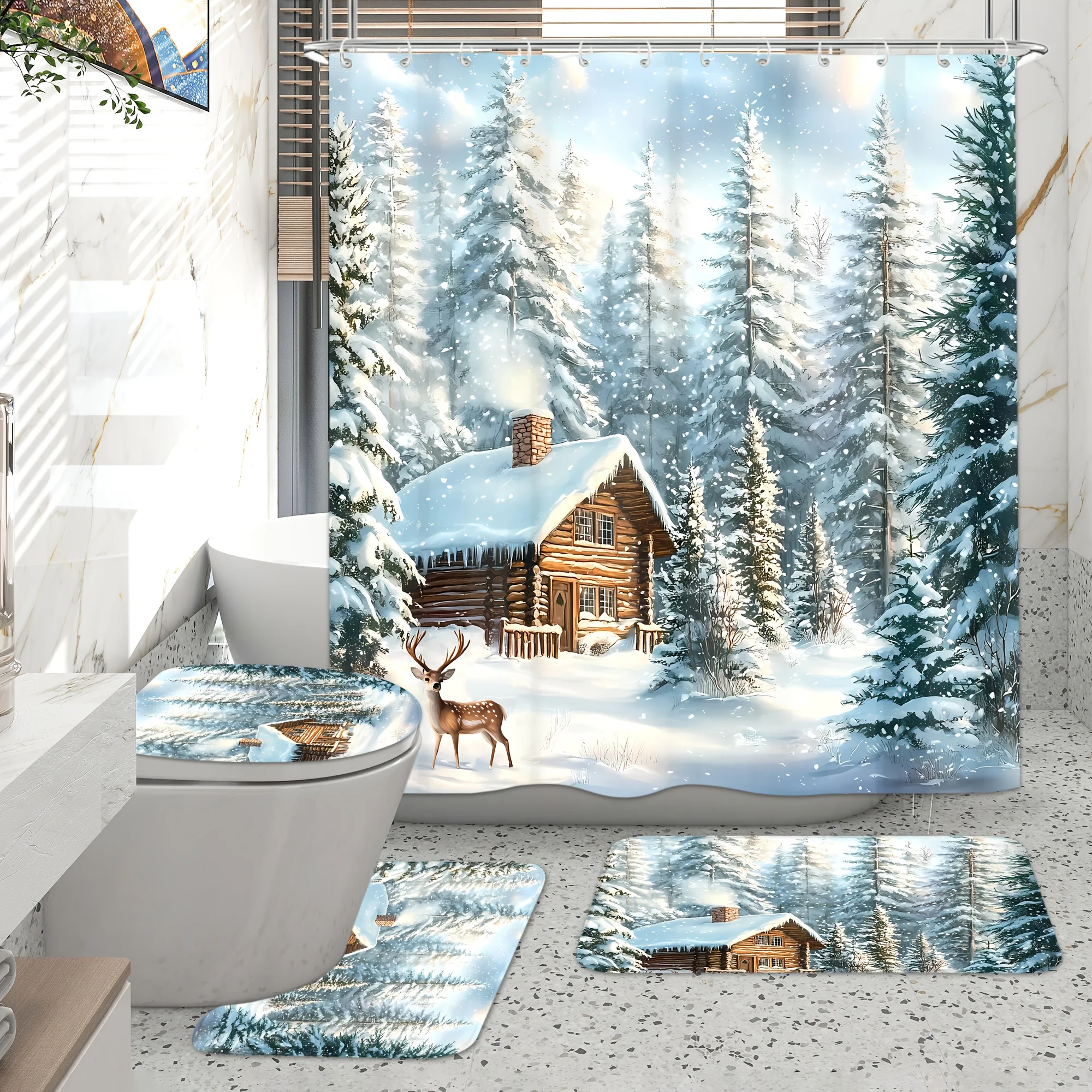 4pc Winter Themed Shower Curtain Set, Snowy Forest Pine Deer Snowflakes, Rustic Farmhouse Xmas Bathroom Decor, 12 Hooks Included