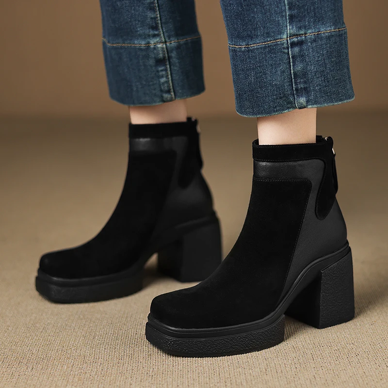 

Новинка 2026, осенне-зимние женские ботильоны из натуральной кожи, короткие ботинки разных цветов из овчины + детской замши с квадратным носком, размеры 22-24,5 см