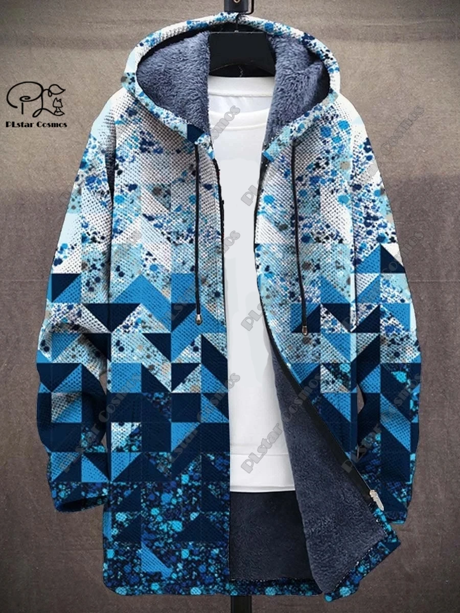 New 3D printing retro abstract art multi-color winter hooded zipper coat men's women's fleece universal casual warm jacket D-15