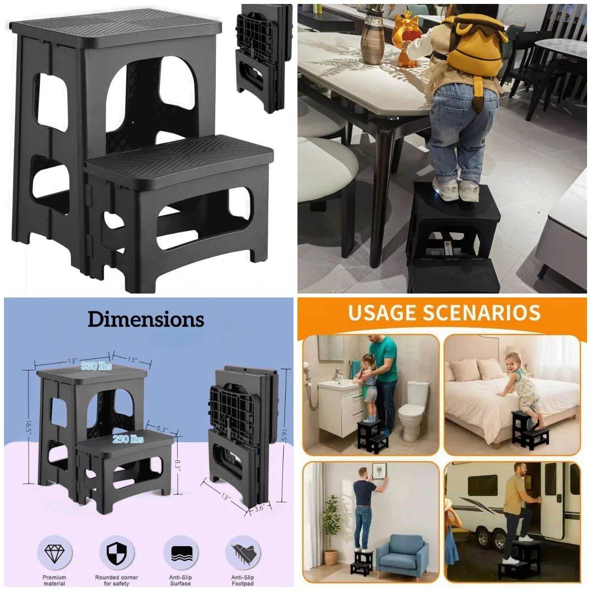 

2-Step Foldable Stool, Non-Slip Plastic Step Ladder for Adults & Kids, Collapsible Kitchen & Bathroom Stool, Holds 330 lbs