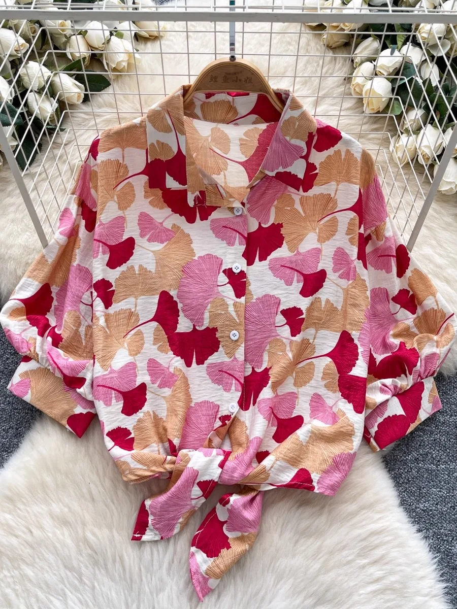 

Foamlina Cross Tie Up Waist Slimming Printed Blouse Women's Summer New Chic Lantern Sleeve High Quality Shirt Top
