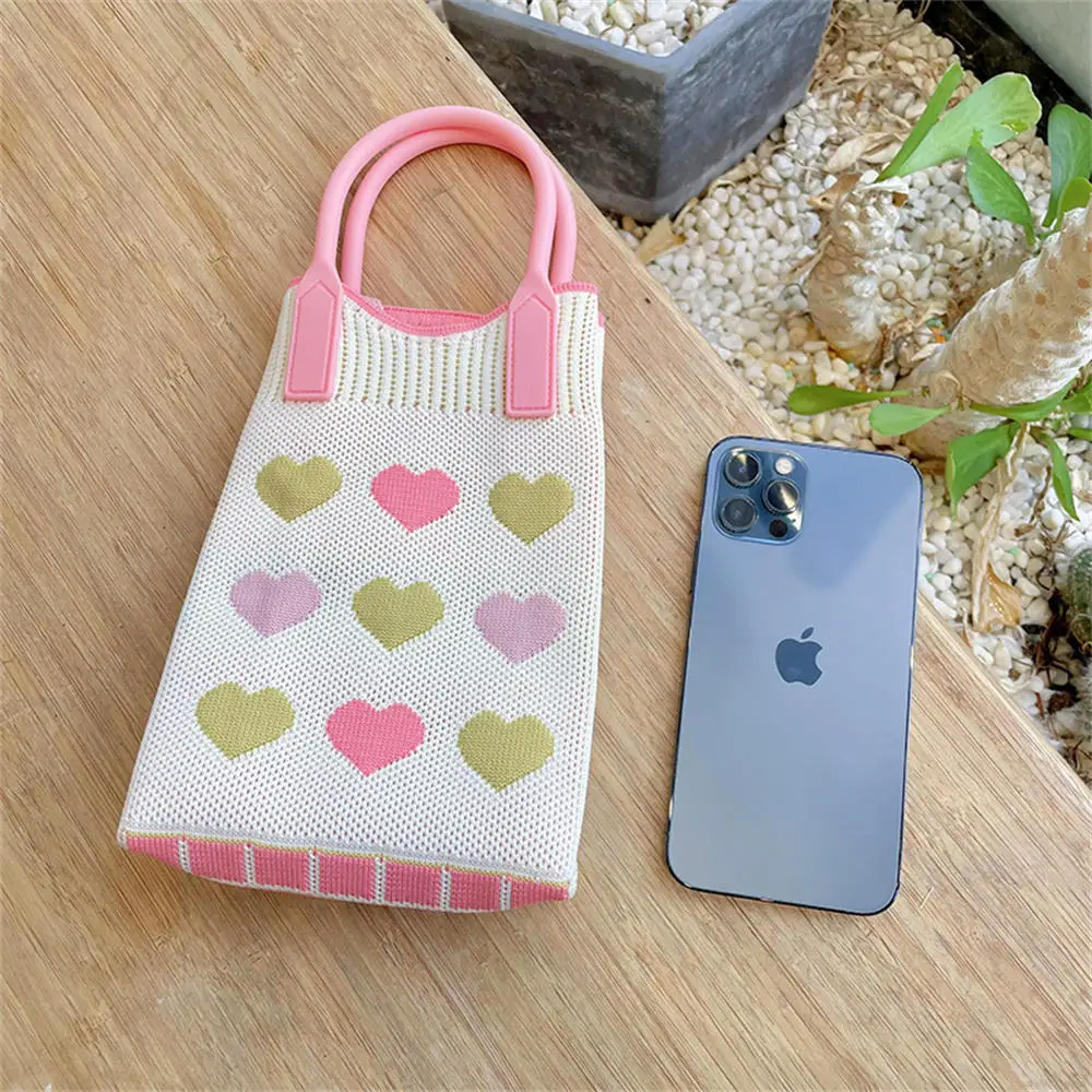 Mini Shoulder Crossbody Mobile Phone Bag Girly Pink Love Hand-Woven Knitted Handbag Portable Coin Purse Small Square Bag Women