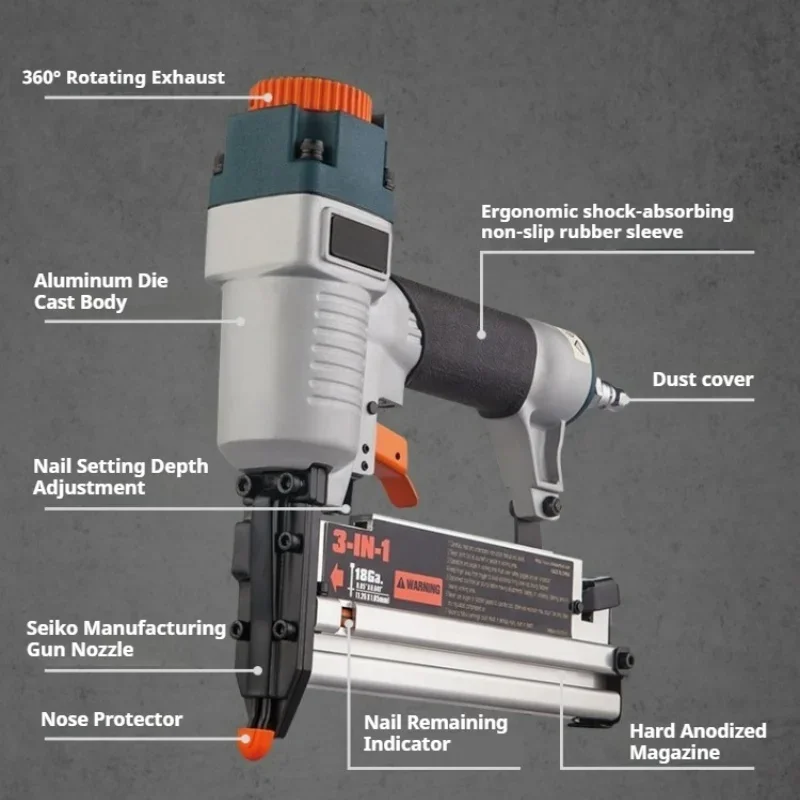 3‑in‑1 Pneumatic Nail Gun Multi‑Function Woodworking Air Nailer Apparatus Straight‑Nail‑Crown‑Staple‑Pneumatic‑Fastening