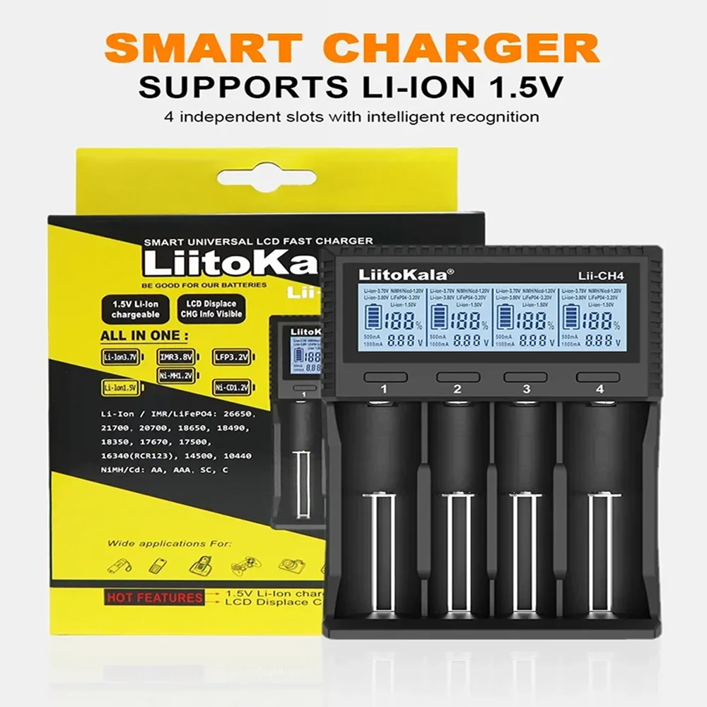 LiitoKala New Lii-CH4 Smart Charger for 1.5V, AA AAA, 3.2V, 3.7V, 18650, 21700, 26650, 26700, 18350 Lithium Rechargeable Battery