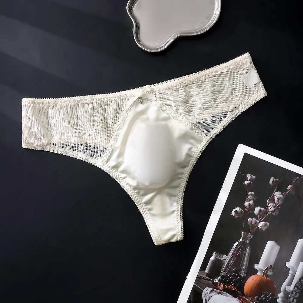 Men's Ice Silk Thong Underwear with Seamless Fit Lace Accent and Anatomical 3D Bulge Pouch Solid G String Briefs Size M-3XL