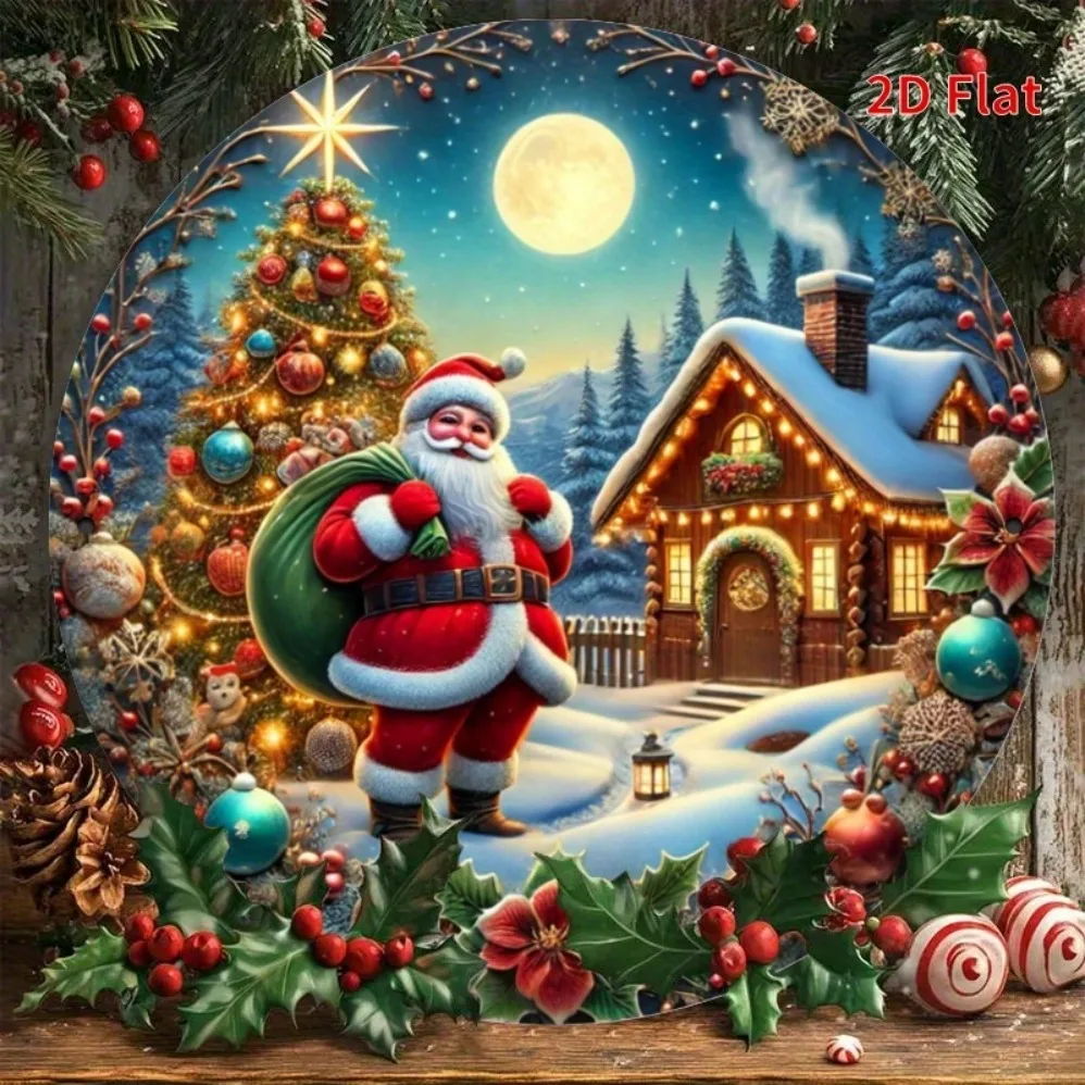 لافتة مسطحة ثنائية الأبعاد "عيد ميلاد سعيد" - تصميم إكليل سانتا، لوحة معدنية دائرية من القصدير | ديكور الباب الأمامي والتعليق على الحائط مصنوع يدويًا #1