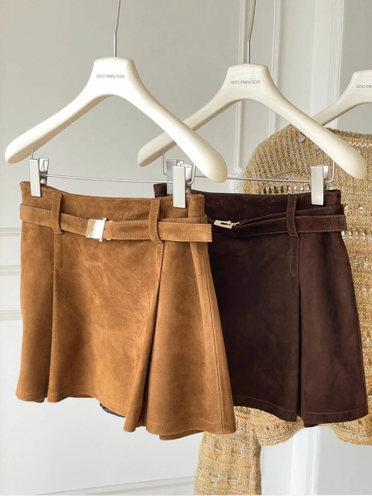 Vintage Kid Suede Leather Pleated Skirt Woman Female 100% Sheepskin Retro Brown Mini Saia with Waistband A-line Cute