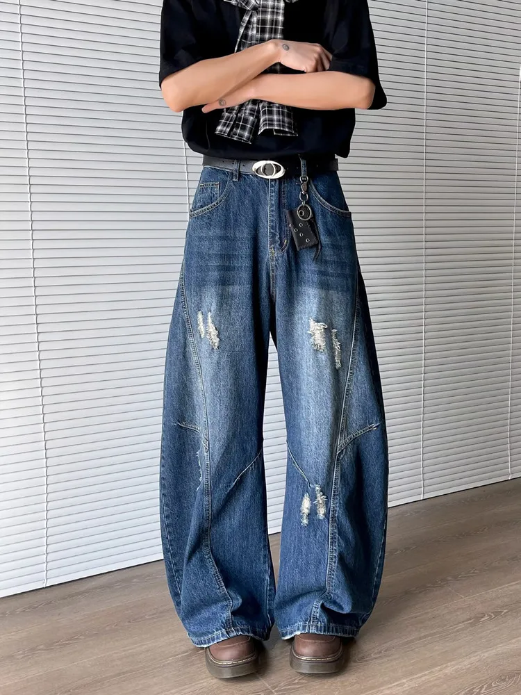 Trashy Y2K 2000S الشارع الشهير غسلها الأزرق فضفاض ممزق مكدسة الجينز السراويل للرجال 90S الملابس خمر واسعة الساق السراويل الدنيم القديمة