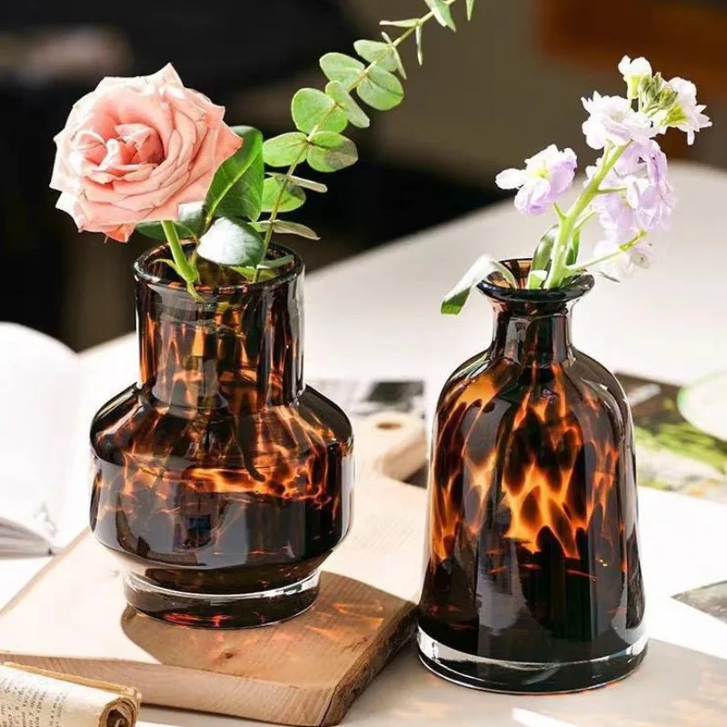 Glass Tortoiseshell Vase Light Luxury Art Vase Plant Pot Retro Leopard Print Dried Flower Arrangement Planter Home Decoration