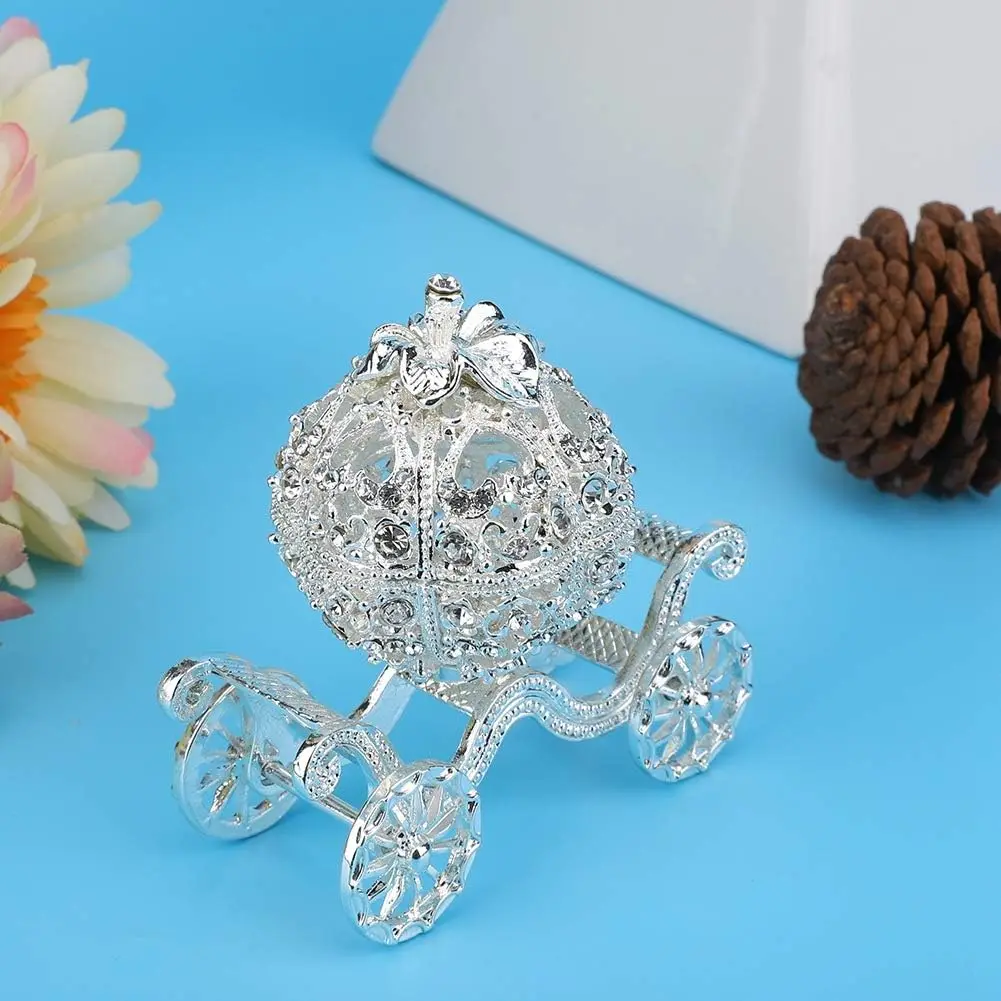 Rhinestone Embellished Pumpkin Carriage Trinket , Silver Jewelry Display Holder -  Tabletop Decor Girls & Women