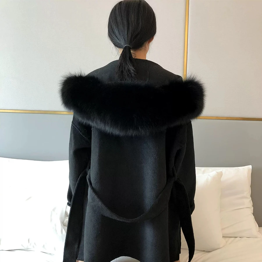 2022 New Oversize Loose Cashmere Wool Blends Real Fur Coat  Winter Jacket Women Natural Fox Fur Collar Hood Outerwear  Belt