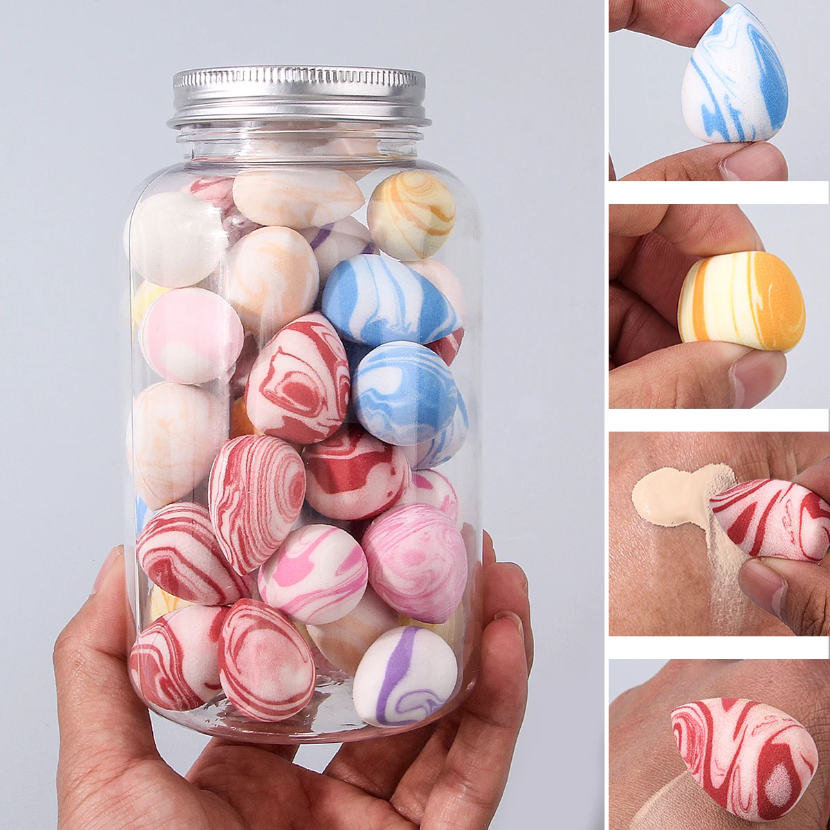 Marmerpatroon 40-delige mini-make-upsponsset, veelkleurige make-upmengspons voor vloeistof/crème/poeder, nat en droog, met opslagpot