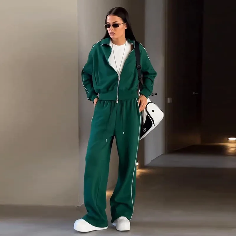 

Women's clothing 2025 new sweet and fresh lapel zipper long sleeved sweatshirt high waist straight leg pants two-piece set
