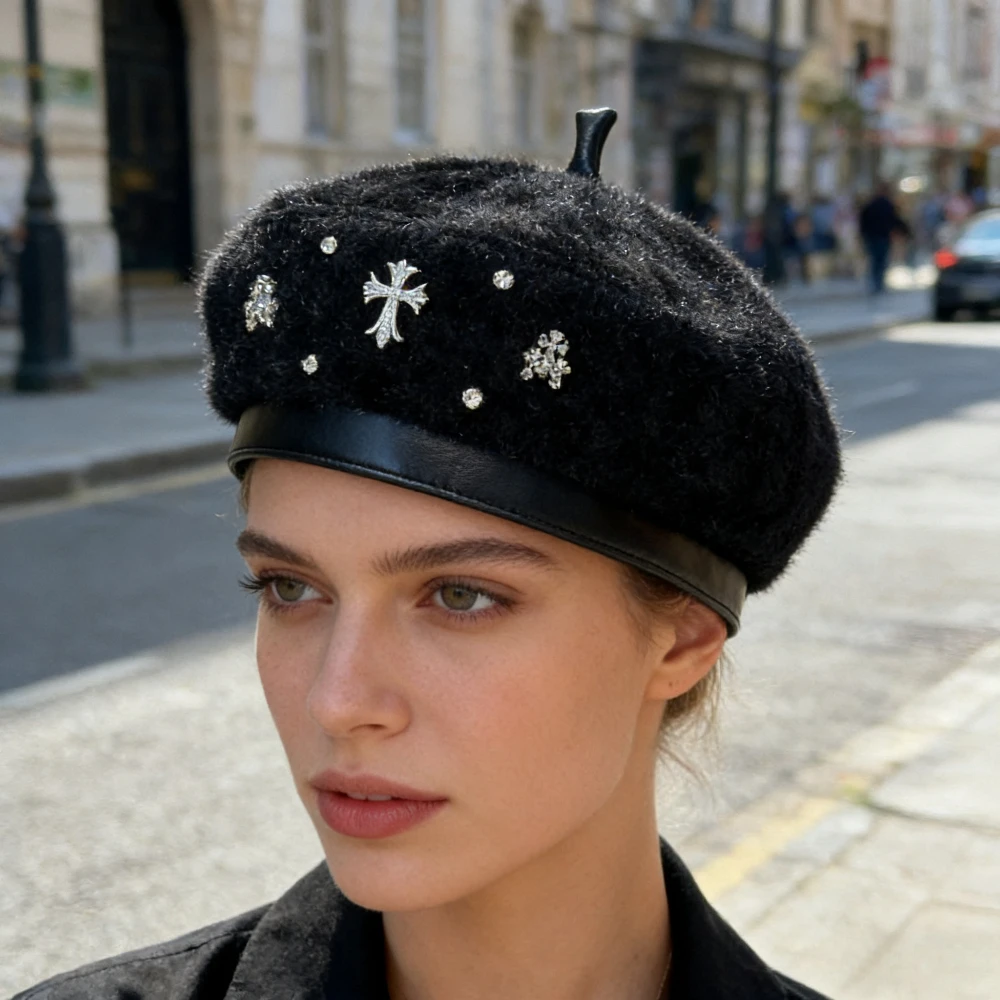 

Женский зимний берет с кристаллами и стразами, модная теплая шапка-берет из норки для женщин, уличная повседневная шапка с напуском, шапка с черепом