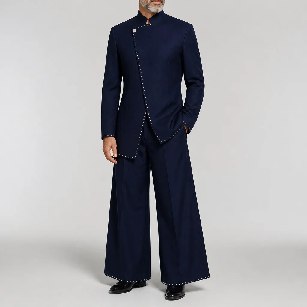 Men's Faux Denim Two Piece Set Stand Collar Asymmetric Blazer & Wide Leg Pants Wedding Party Formal Business Suit Coat And Jeans