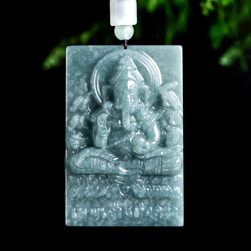 Blue Myanmar Jadeite Ganesha Pendant Necklace Talismans Stone Natural Burmese Jade Fashion Charm Amulet Gifts for Women Men