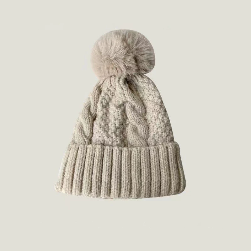 Women\'s Beige Winter Warm Knitted Beanie Faux Fur Pom Knit Skull Style Hat Cap Womens Winter Knitted Beanie Hat with Faux Fur Pom Winter  main image 4